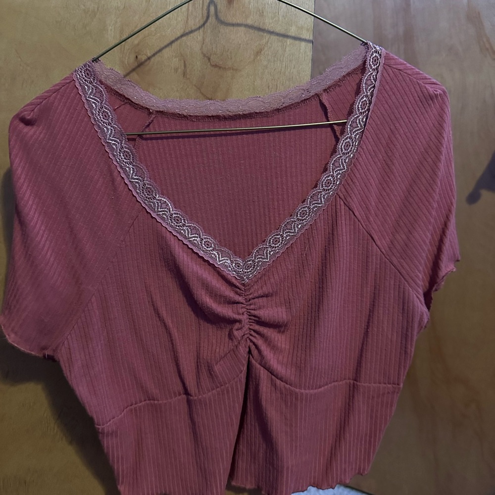 SHEIN Pink Ribbed Ruched Short Sleeve Blouse